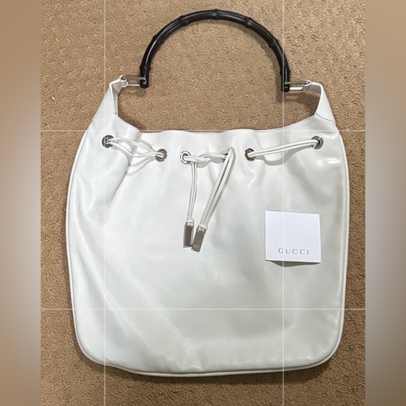 Gucci Handbags - Gucci White Leather Drawstring Shoulder Bag with Bamboo Handle-Bag new